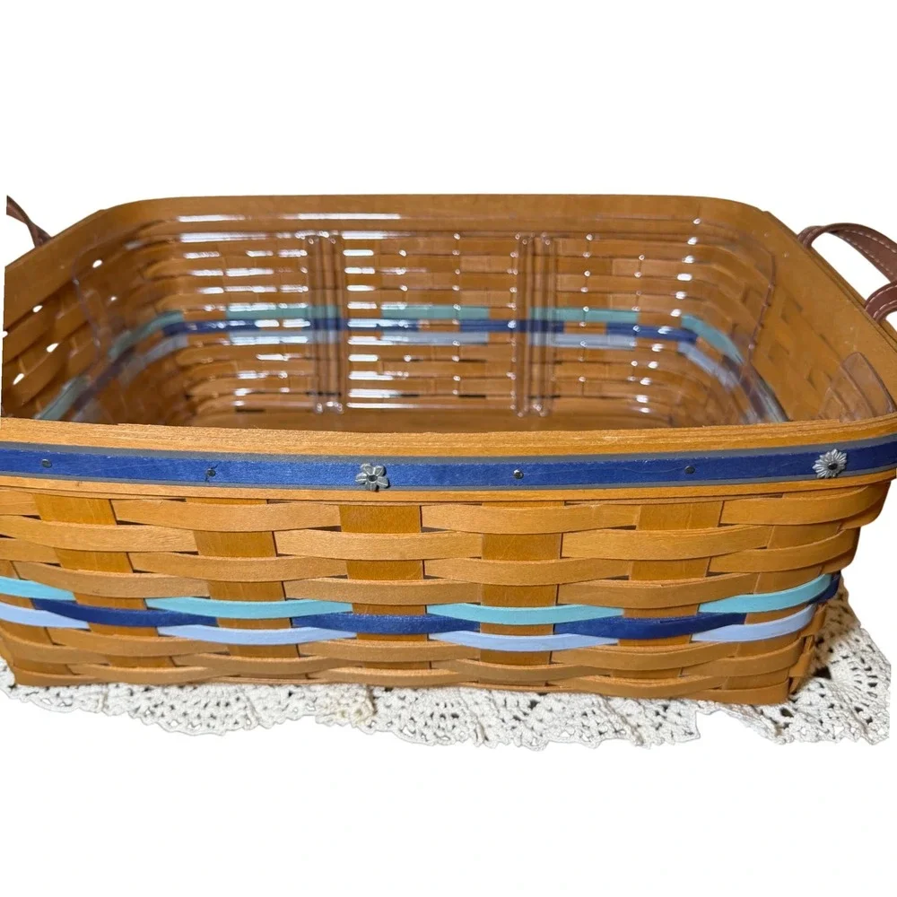 Longaberger Woven Wood Basket Leather Blue Handles Plastic Liner 17